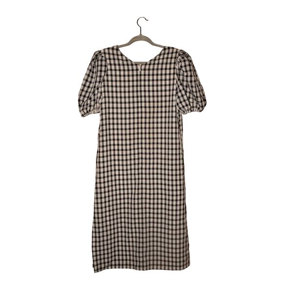 HALOGEN $128 Black White Gingham Check V-Neck Puff‎ Sleeve Midi Dress Medium - Picture 4 of 6
